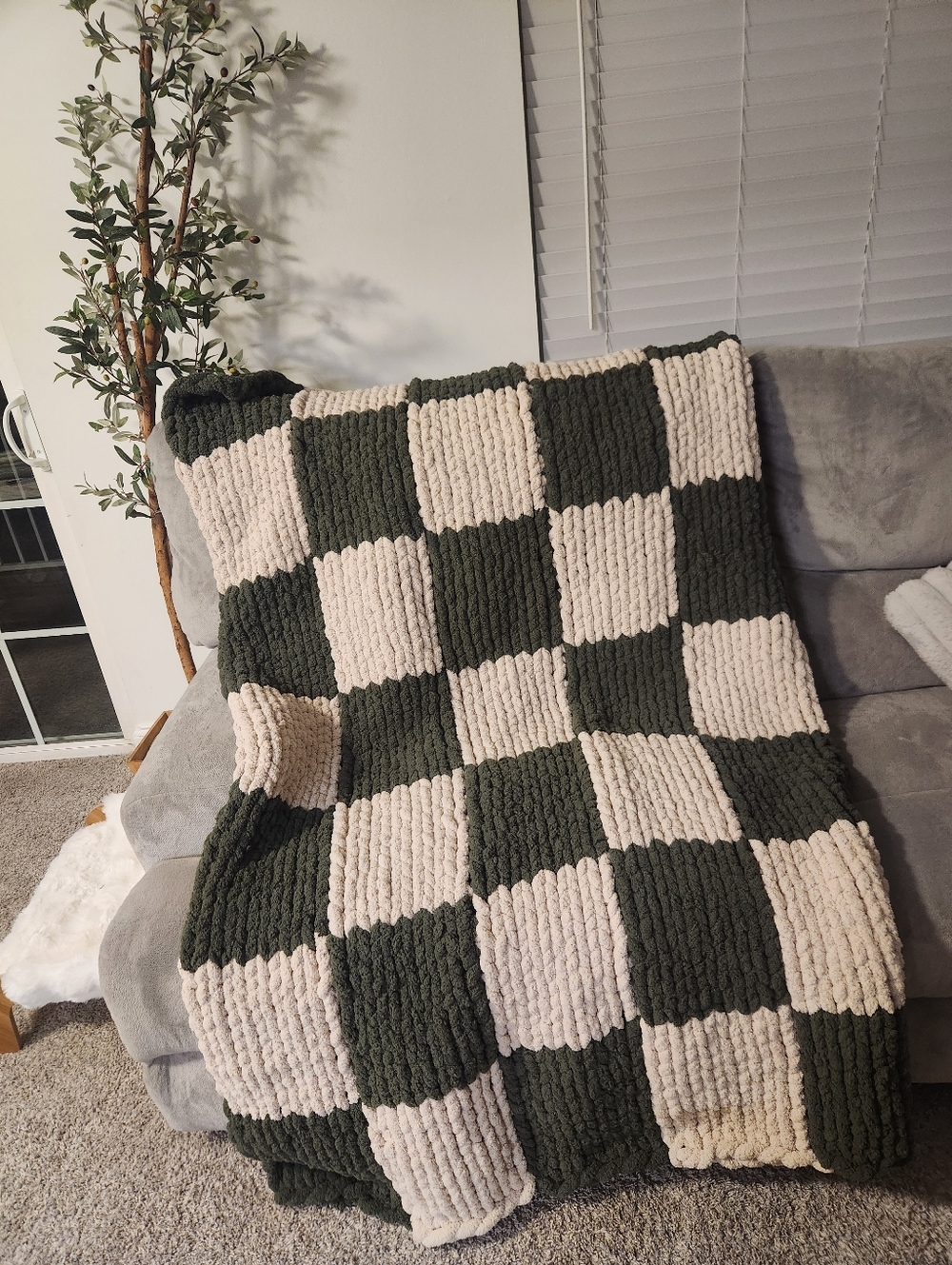 Olive Green And Cream Checkered Hand Knit Chenille Blanket